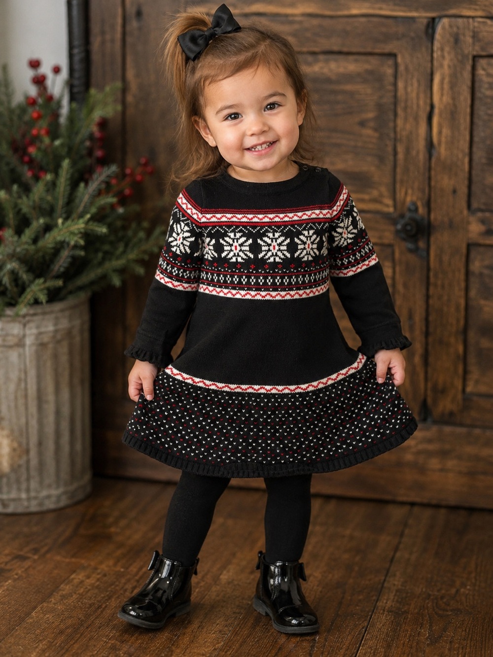 Black Knit Dress with Red & White Accents